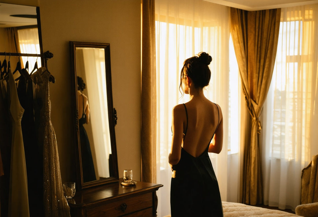 Refined selection of elegant women's dresses in a softly lit, sophisticated dressing room setting